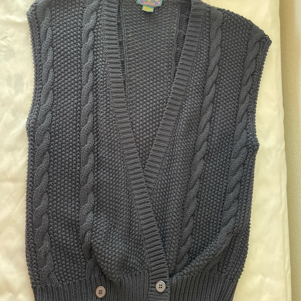 Charter Club Woman's Button Up Sweater Vest Black Size M cable knit 100% cotton